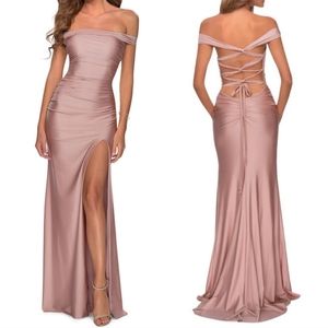 NWT La Femme Dress 28506 Strappy Back Ruched Off the Shoulder Gown Mauve 2